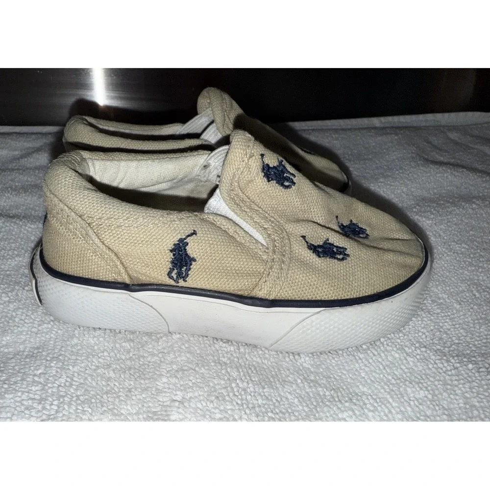 Polo Ralph Lauren Little Boys Shoes Size 5 Slip‎ On, Tan With Blue Horses
